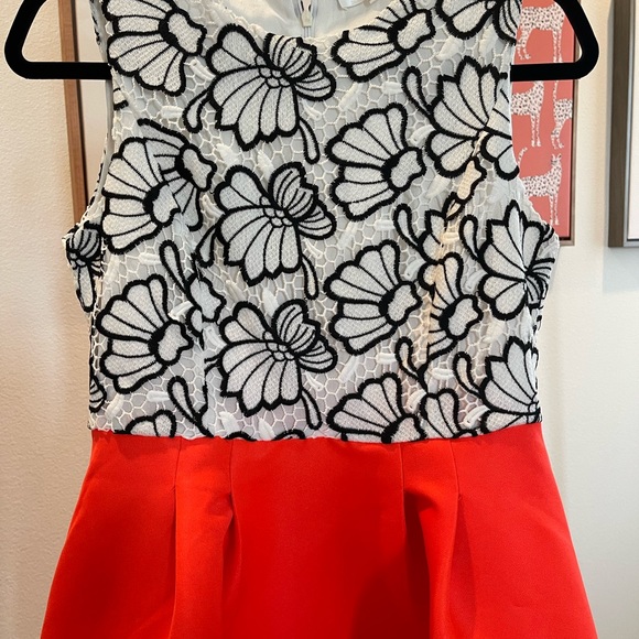 Cocktail bright orange dress with black and white lace details in Size Medium. - Picture 2 of 4